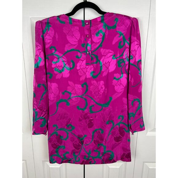 Vintage 80s John Yang Pink Silk Satin Floral Long Sleeve Shift Mini Dress Size 4 - Picture 7 of 7
